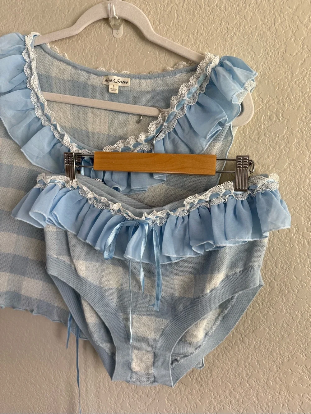 For Love And Lemons blue and white brushed gingham knit lounge set NEW